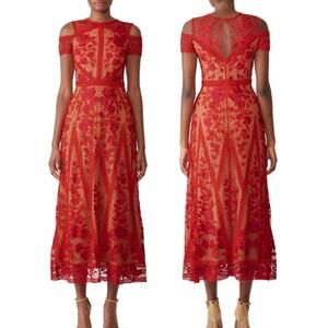 Marchesa Notte Embroidered Red Lace Tea Length Maxi Dress Womens 6